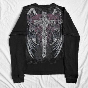 CYBER GRUNGE Y2K WINGS & CROSS LONG SLEEVE TEE